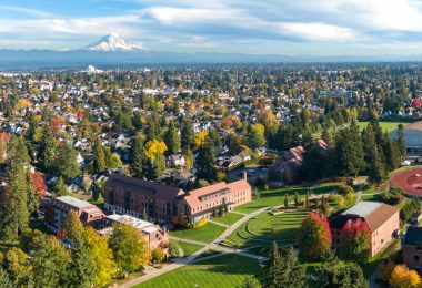 Aerial view of the University of Puget Sound in the fall