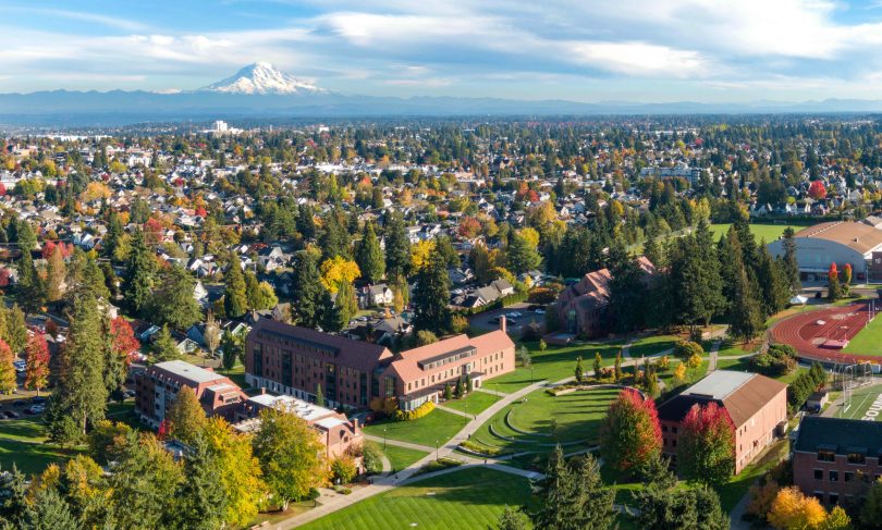 Aerial view of the University of Puget Sound in the fall